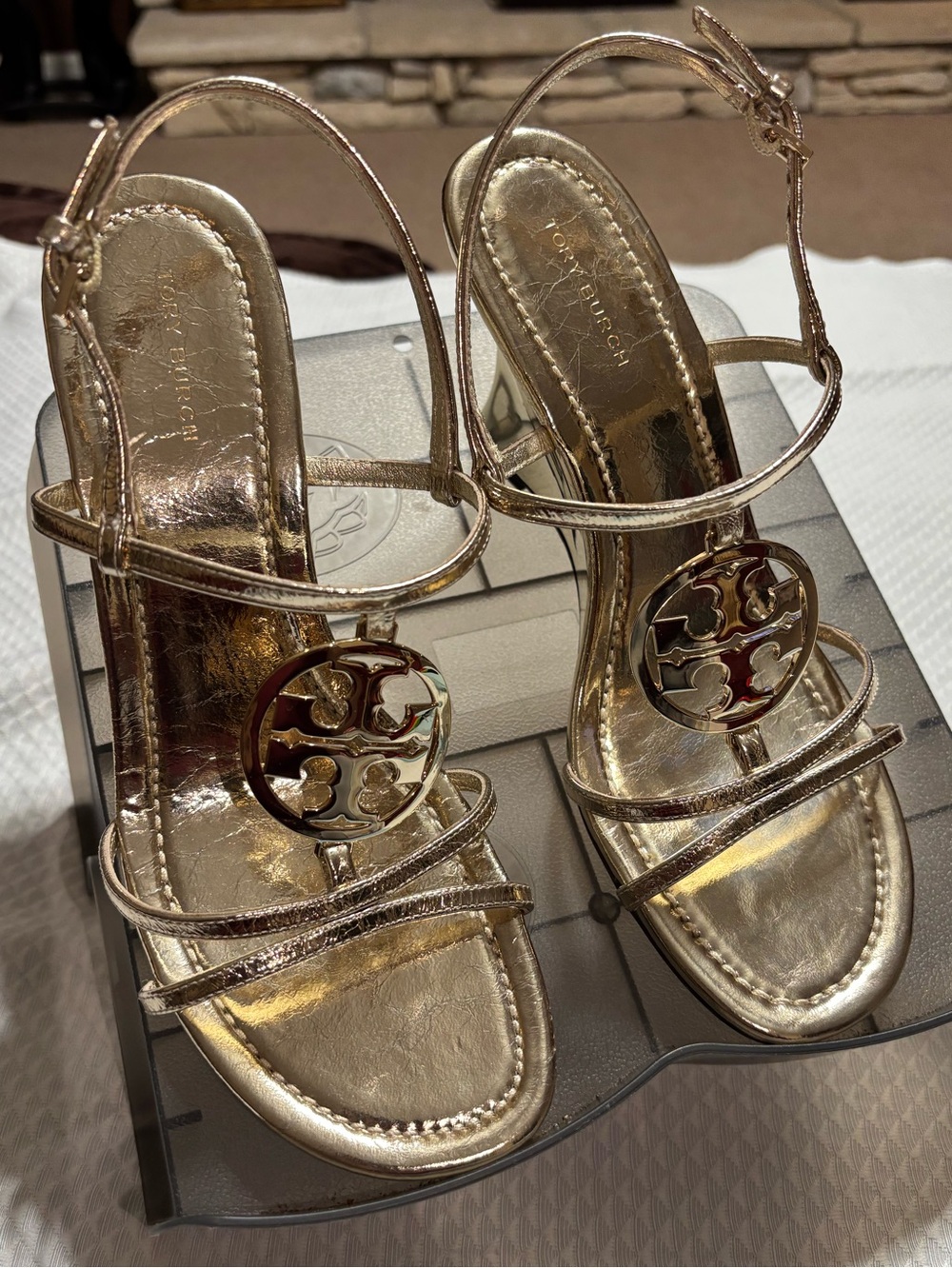Tory Burch Metallic Rose Gold Logo Strappy Slingback Sandals